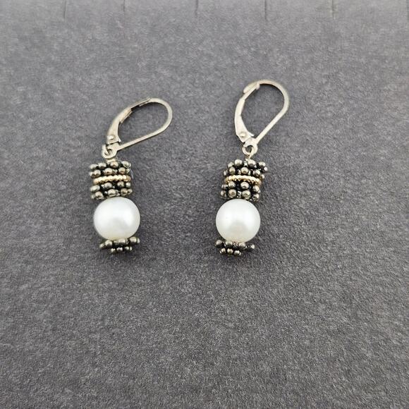 14K Gold P925 Silver Marked Pearl Earrings Dangle Drop Elevated Basic Everyday - Picture 1 of 5
